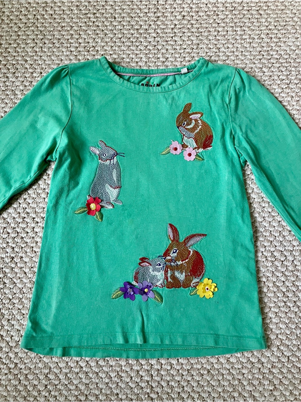 Mini Boden Girls 8-9 years' Green Bunny Superstitch Embroidered Long-Sleeve Tee